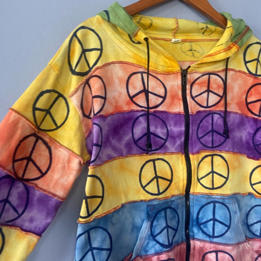 🛑SOLD Rising International Multicolored Stripe Peace Sign Zip Up Hoodie Size XL - Picture 2 of 6